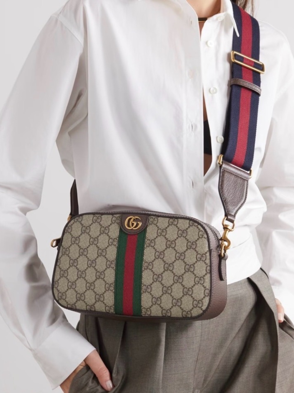 Gucci Beige GG Supreme Canvas Shoulder Bag with Green and Red Web
